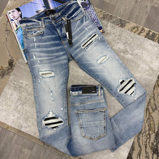Amiri Distressed Blue Denim Jeans With Bandana Patch Multiple Waist Sizes Mens Best Sale UK Reps AAA Quality