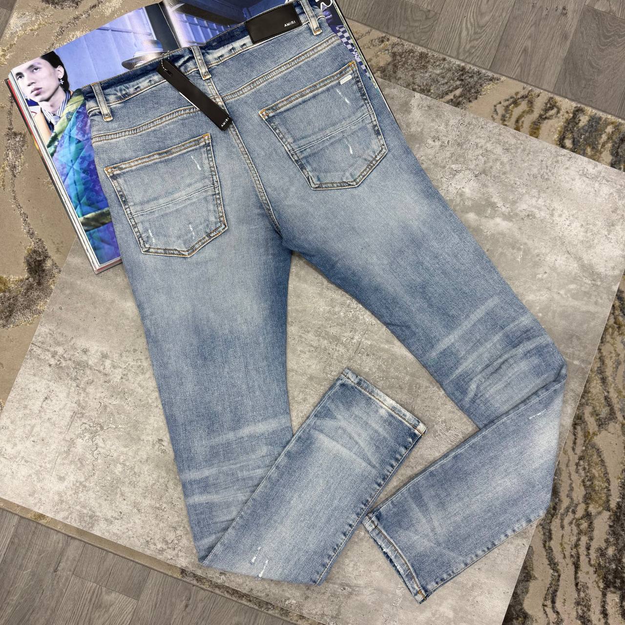 Amiri Distressed Blue Denim Jeans With Bandana Patch Multiple Waist Sizes Mens Best Sale UK Reps AAA Quality