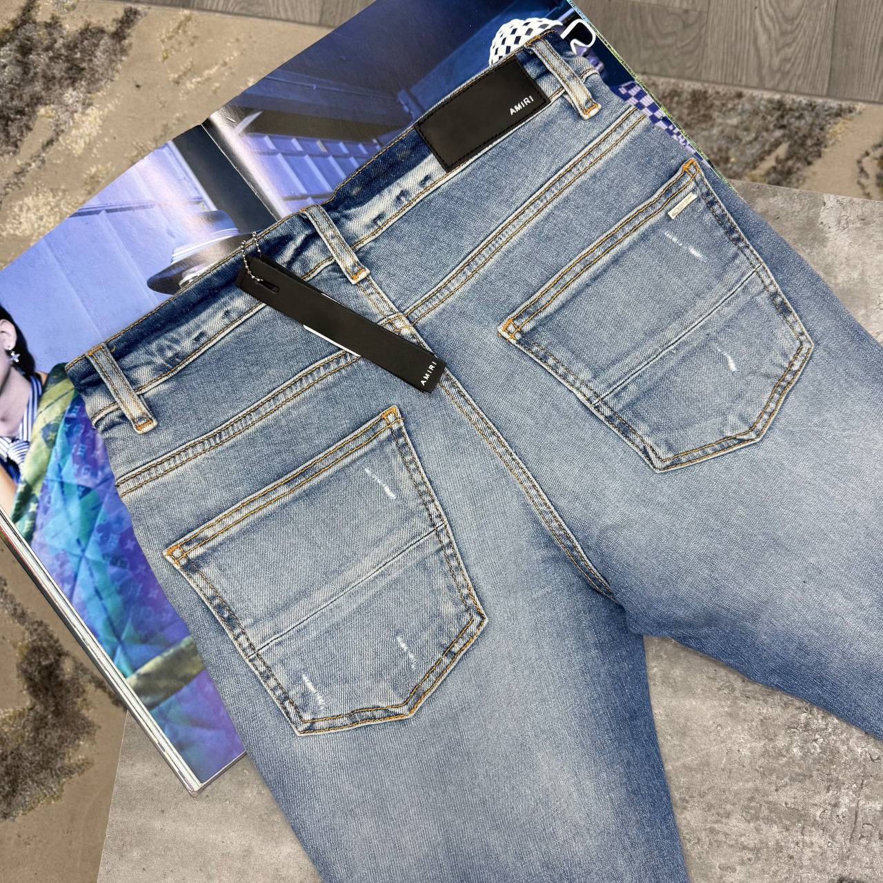 Amiri Distressed Blue Denim Jeans With Bandana Patch Multiple Waist Sizes Mens Best Sale UK Reps AAA Quality