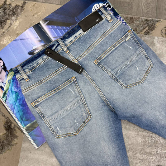 Amiri Distressed Blue Denim Jeans With Bandana Patch Multiple Waist Sizes Mens Best Sale UK Reps AAA Quality