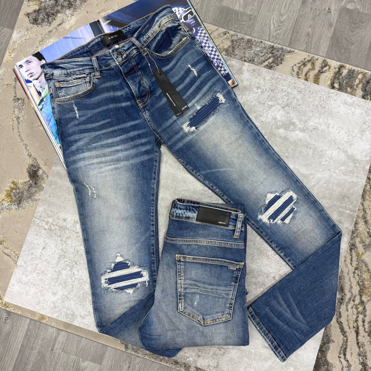 Amiri Streetwear High Stretch Ripped Blue Multiple Waist Sizes Mens Best Sale UK Reps AAA Quality