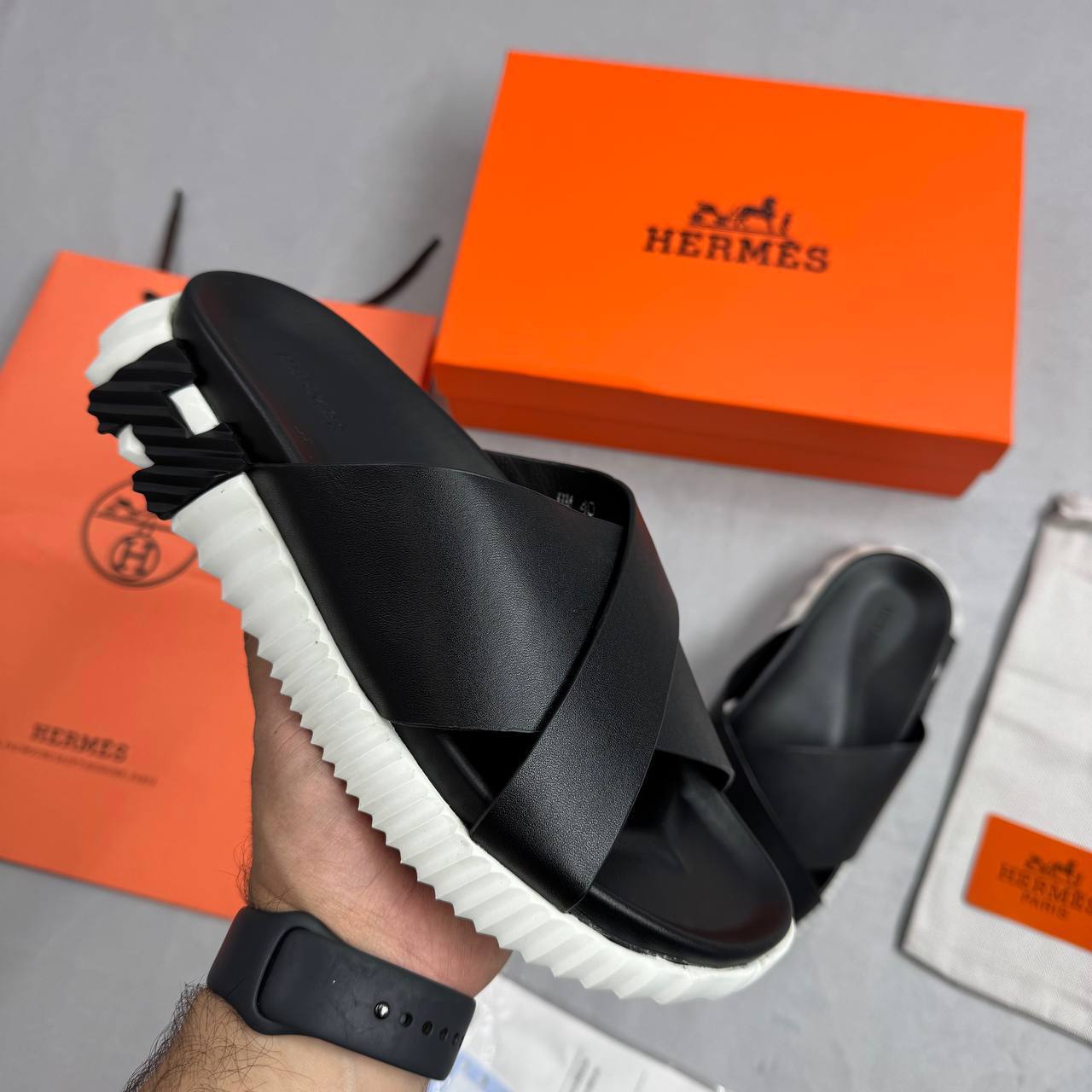 Hermes Infra Calfskin Sliders Black Mens Best Sale UK Reps