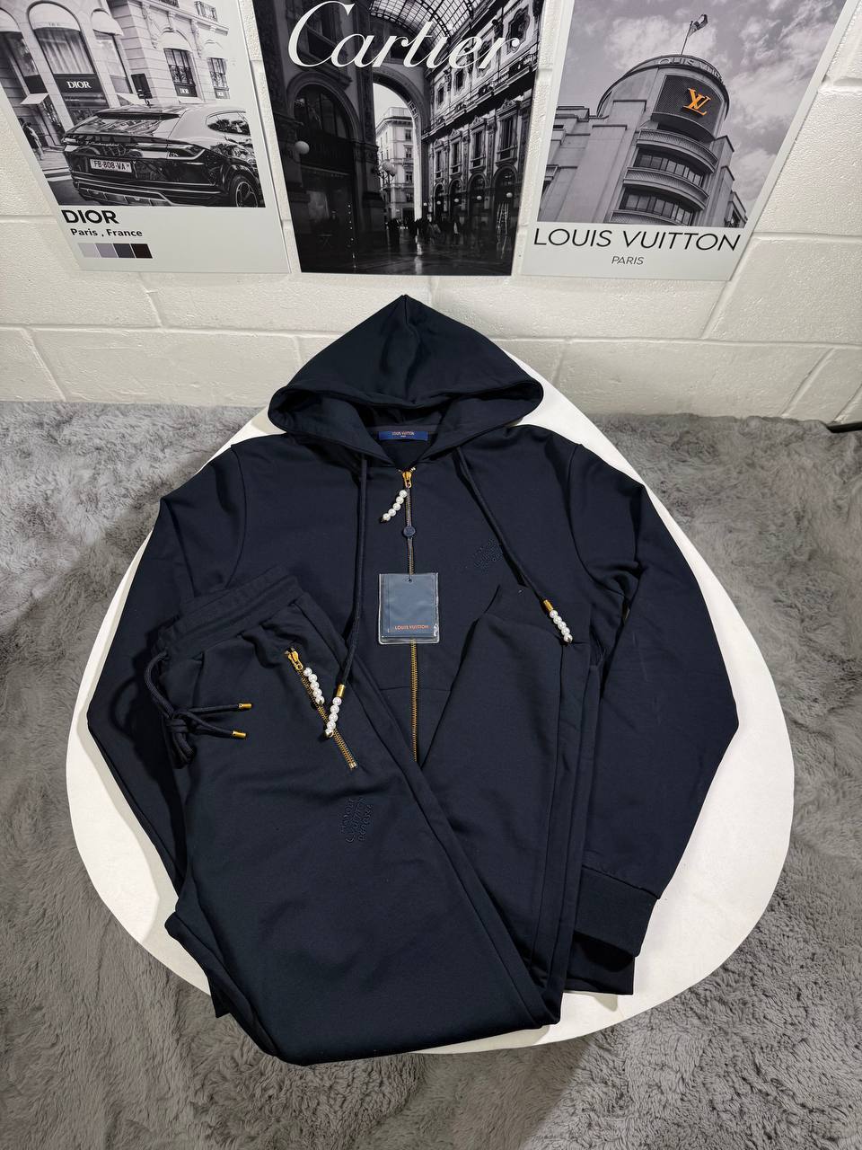 Louis Vuitton Crystal Embroidered Zipped Jersey Tracksuit Mens in Black Color Best Sale UK Reps AAA Quality