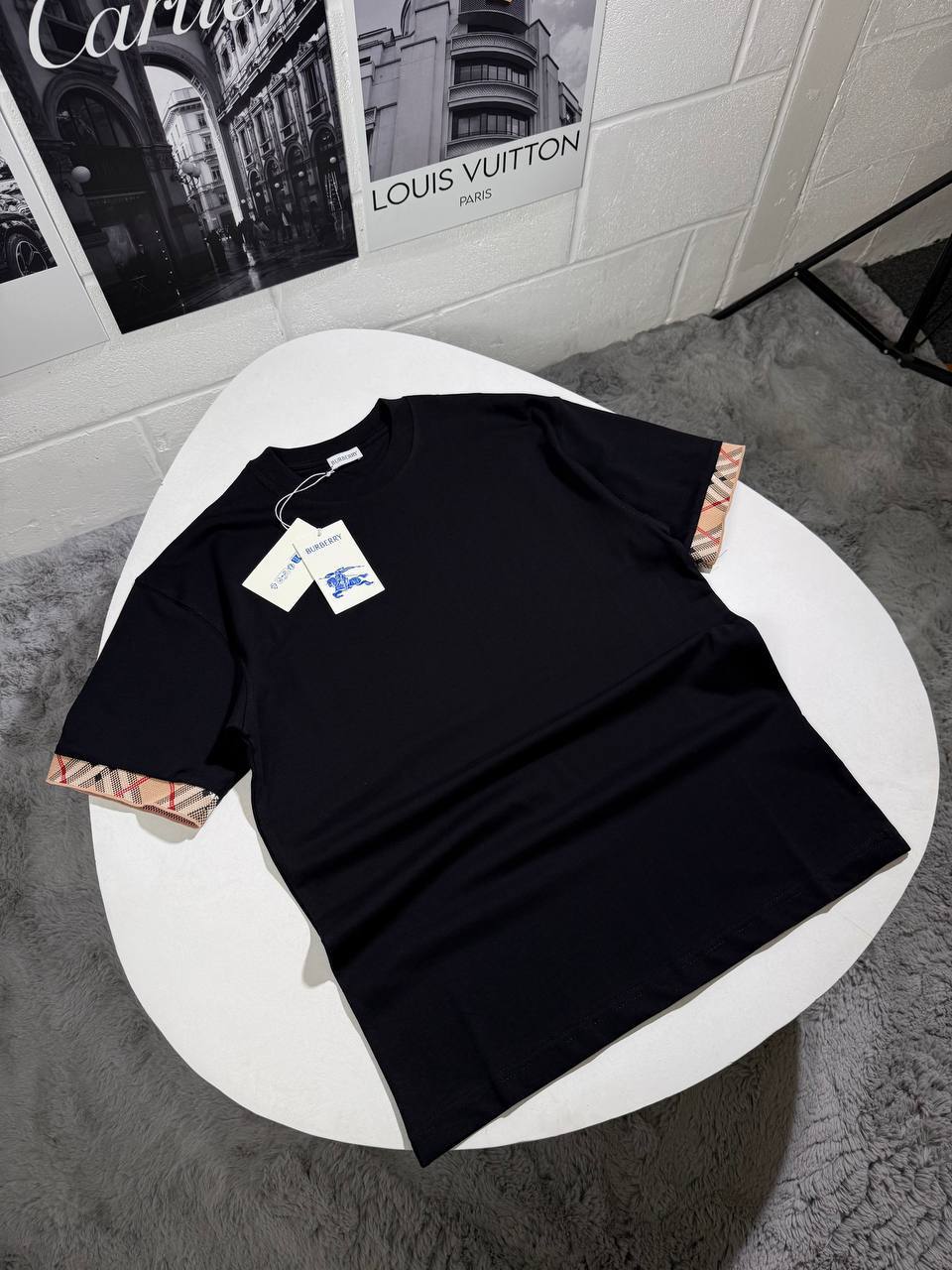 Burberry 'Ellison' Organic Cotton Check Sleeve Mens T-Shirt in 2 Colors Best Sale UK Reps AAA Quality