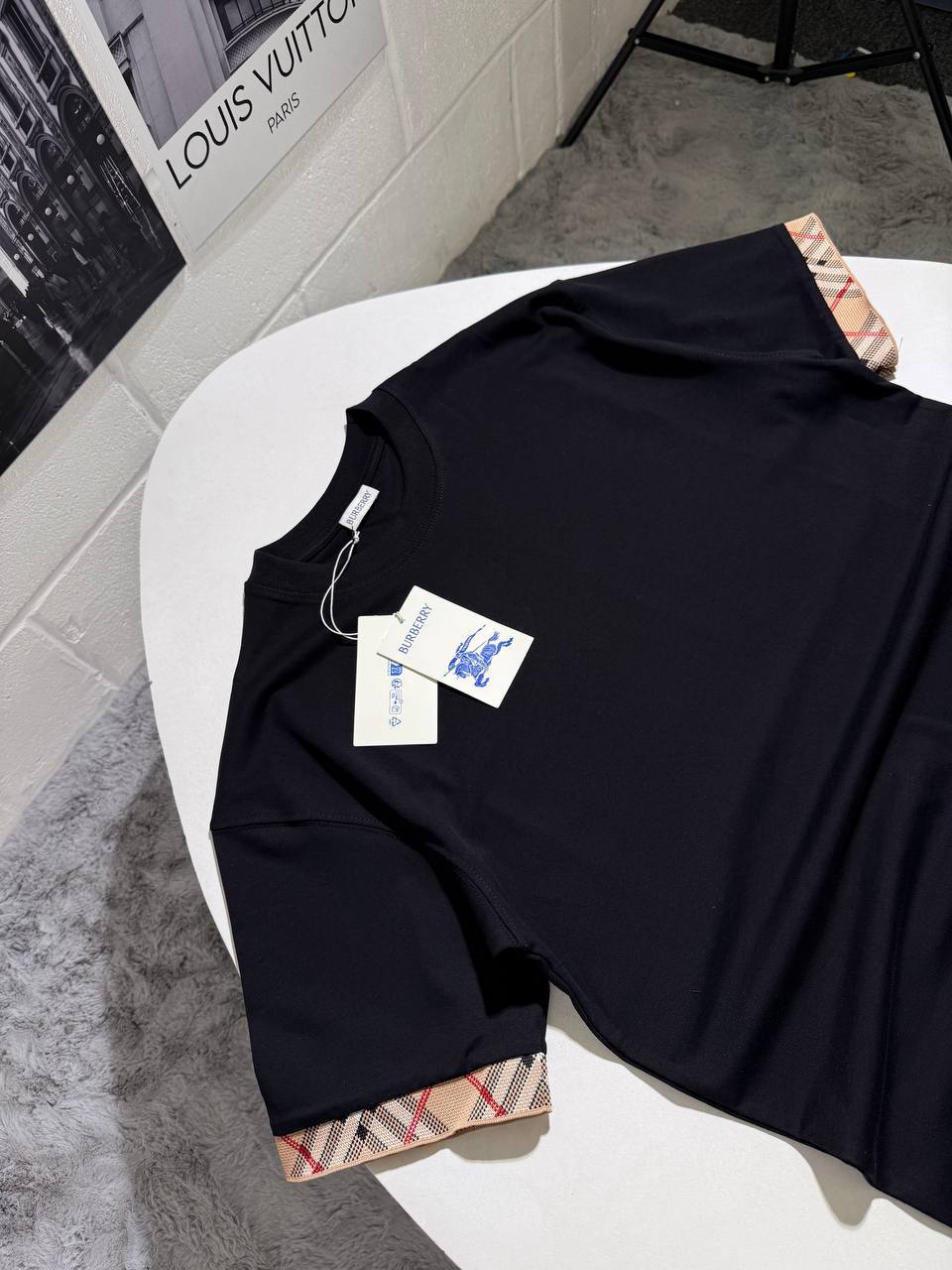 Burberry 'Ellison' Organic Cotton Check Sleeve Mens T-Shirt in 2 Colors Best Sale UK Reps AAA Quality