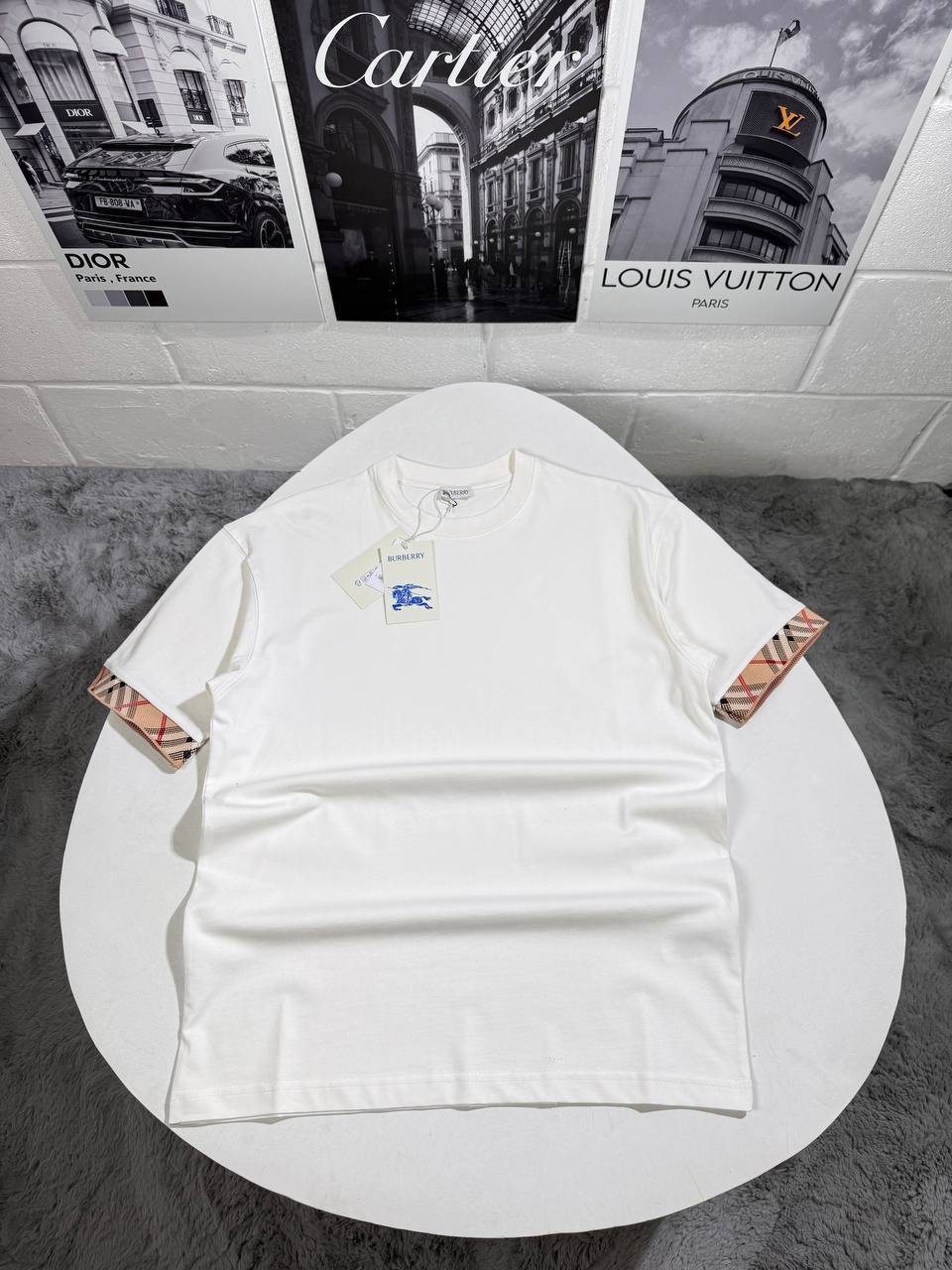 Burberry 'Ellison' Organic Cotton Check Sleeve Mens T-Shirt in 2 Colors Best Sale UK Reps AAA Quality