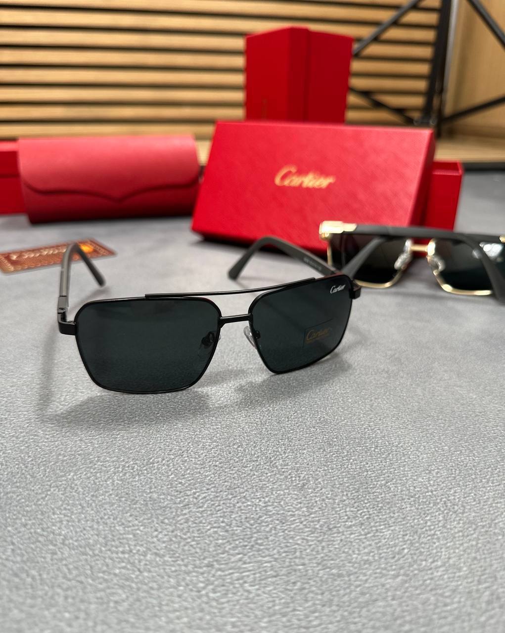 Cartier Metal Wooden Texture Sunglasses with Case Square Mens in 2 Colors Best Sale UK Reps