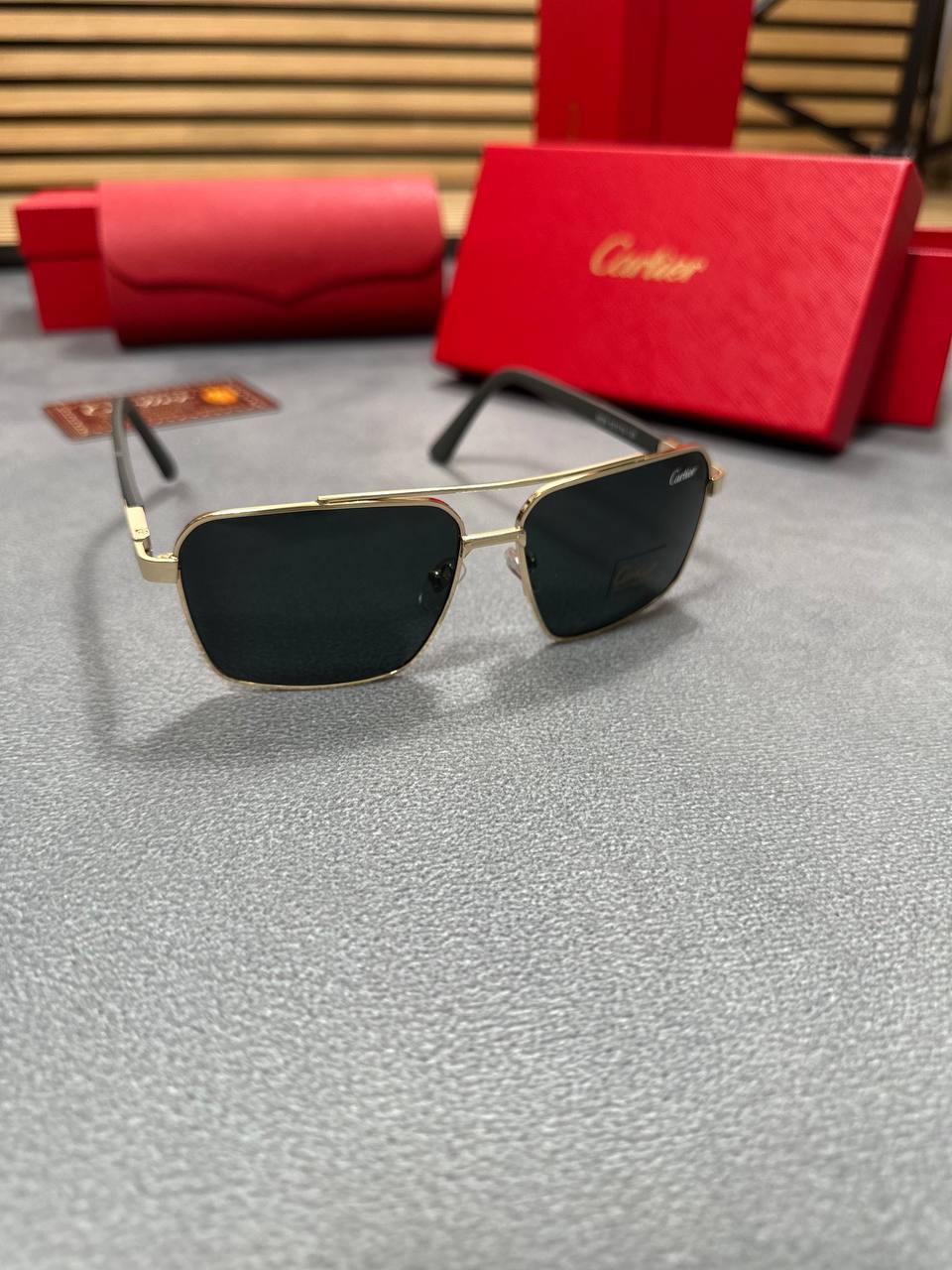 Cartier Metal Wooden Texture Sunglasses with Case Square Mens in 2 Colors Best Sale UK Reps