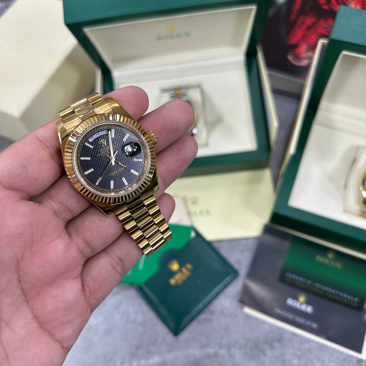 Rolex Day-Date Black Dial Fluted Bezel Mens Watches UK Reps AAA Quality