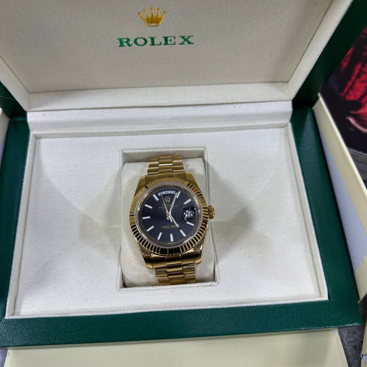 Rolex Day-Date Black Dial Fluted Bezel Mens Watches UK Reps AAA Quality
