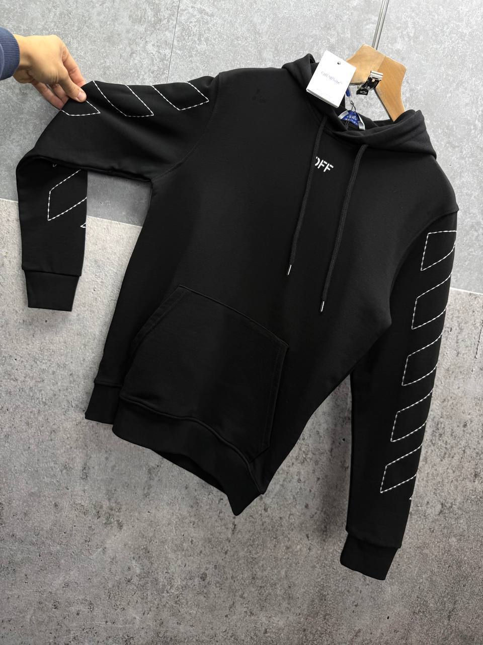 Off-White Diag Outline Knitted Hoodie Mens in Black Color Best Sale UK Reps AAA Quality