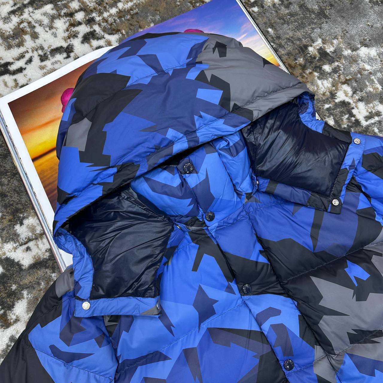 Moncler Mosa Camouflage Hooded Puffer Jacket Mens in Blue Color Best Sale UK Reps AAA Quality