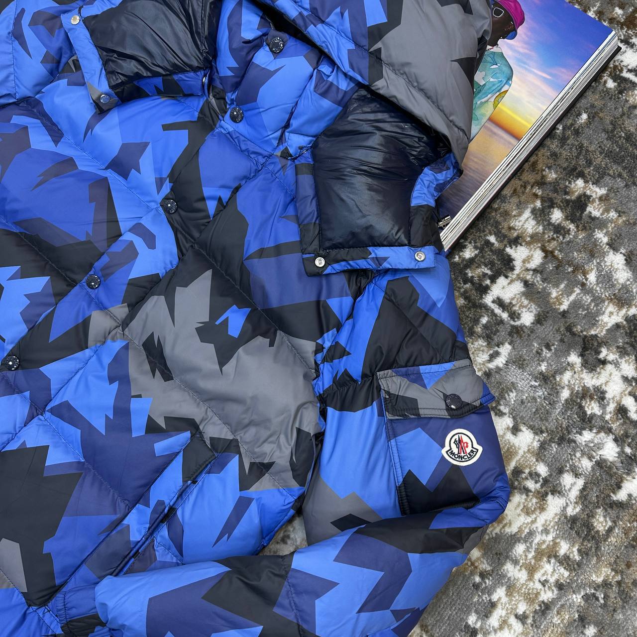 Moncler Mosa Camouflage Hooded Puffer Jacket Mens in Blue Color Best Sale UK Reps AAA Quality