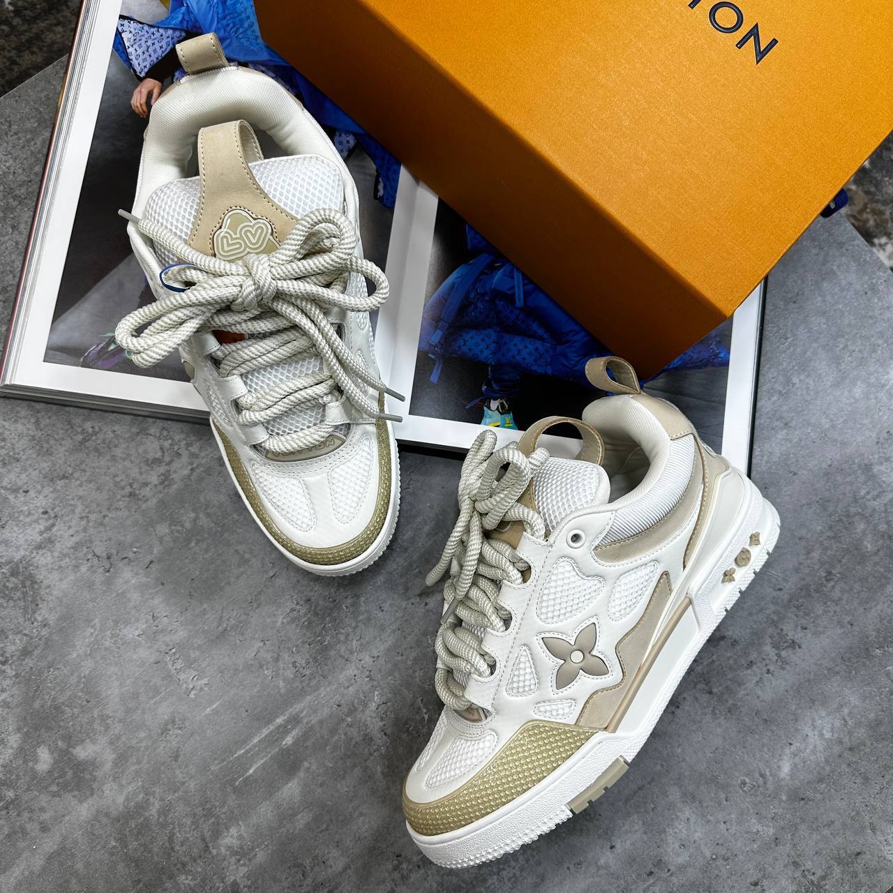 Louis Vuitton LV Low Top Skate Sneakers Beige/White Mens Best Sale UK Reps AAA Quality