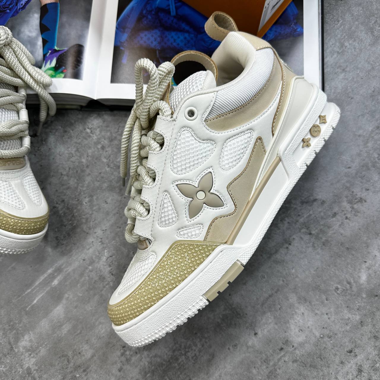 Louis Vuitton LV Low Top Skate Sneakers Beige/White Mens Best Sale UK Reps AAA Quality