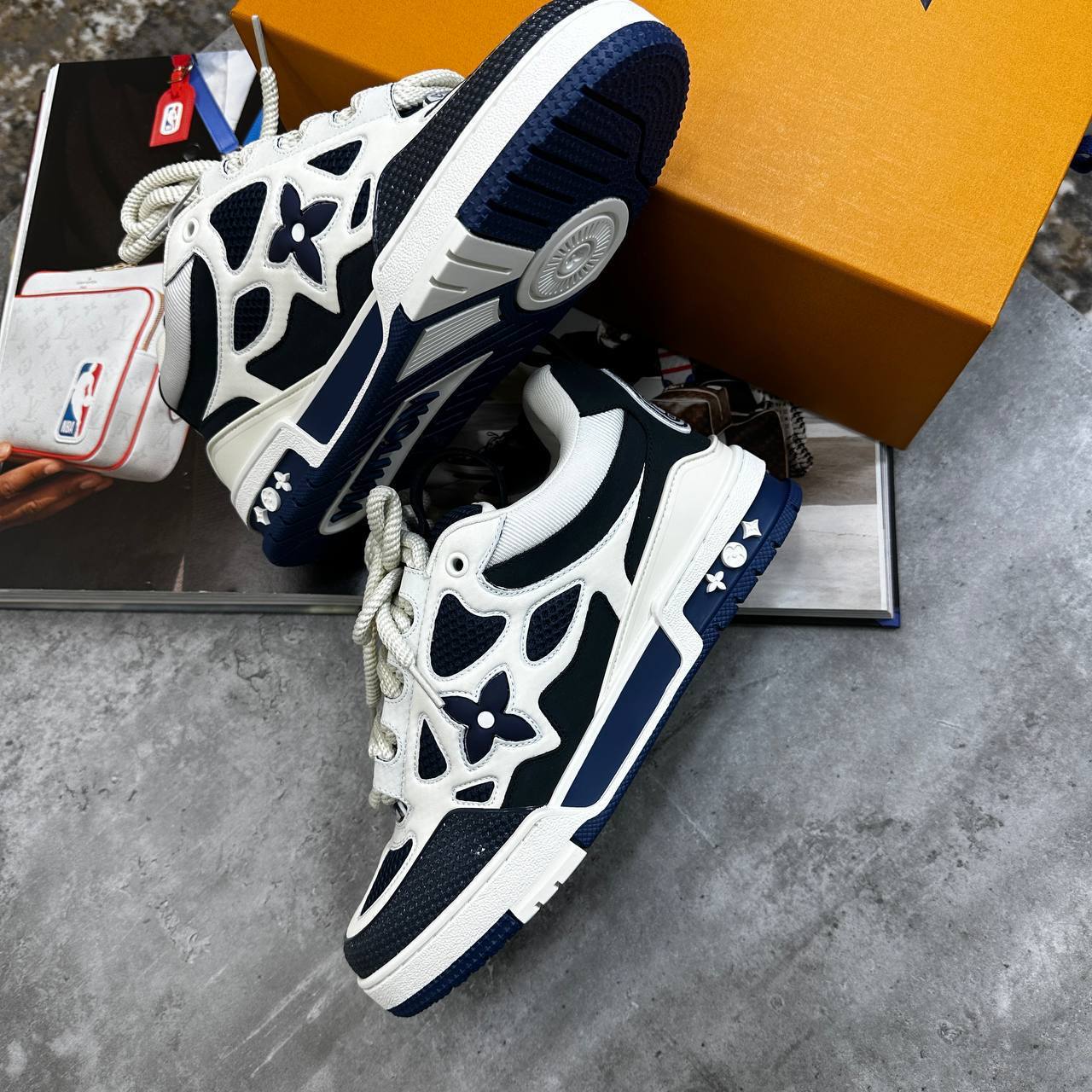 Louis Vuitton LV Low Top Skate Sneakers Marine White Mens Best Sale UK Reps AAA Quality