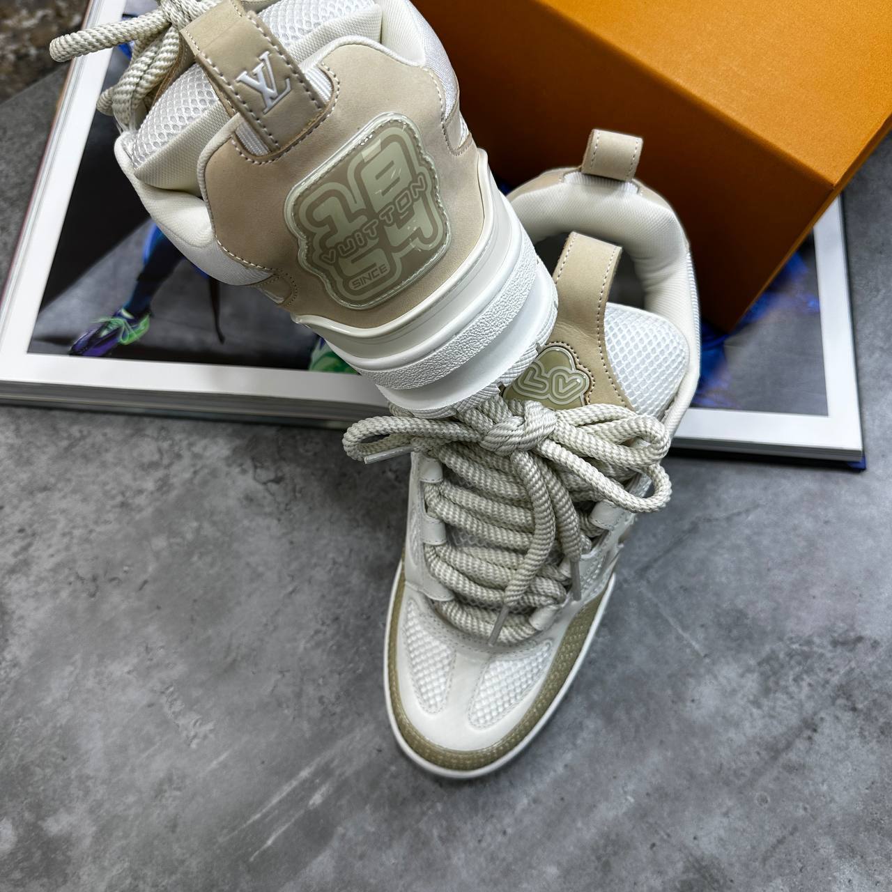 Louis Vuitton LV Low Top Skate Sneakers Beige/White Mens Best Sale UK Reps AAA Quality