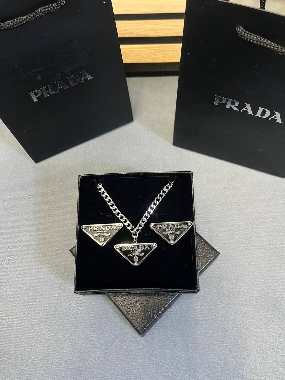 Prada Authentic Black Triangle Logo Fashion Necklaces & Earrings Sets Womens in 2 Color Best Sale UK Reps