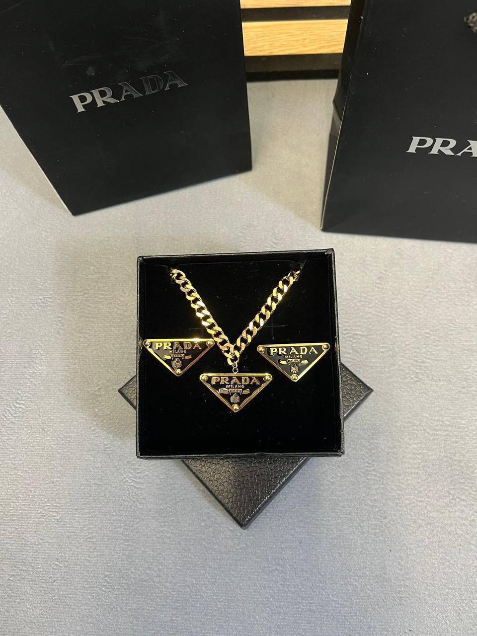 Prada Authentic Black Triangle Logo Fashion Necklaces & Earrings Sets Womens in 2 Color Best Sale UK Reps