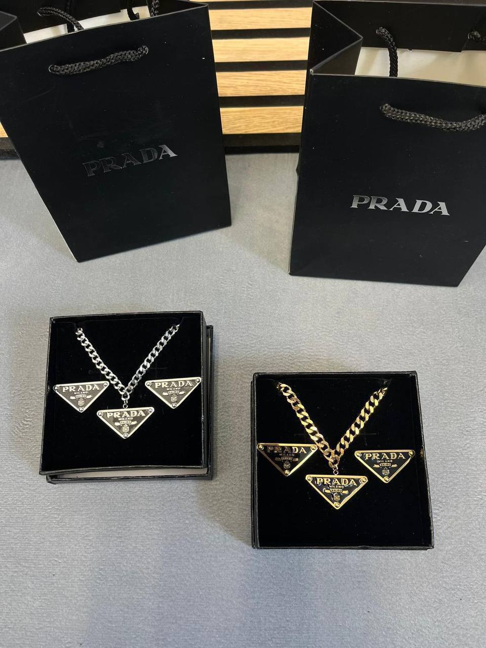 Prada Authentic Triangle Logo Fashion Jewellery Necklaces & Earrings & Bracelets Sets Womens in 2 Colors Best Sale UK Reps