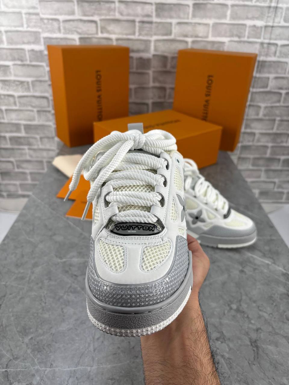 Louis Vuitton LV Skate Gris Clair Homme Shoes with Spikes Top Mens Sneakers in Grey Color UK Reps AAA Quality