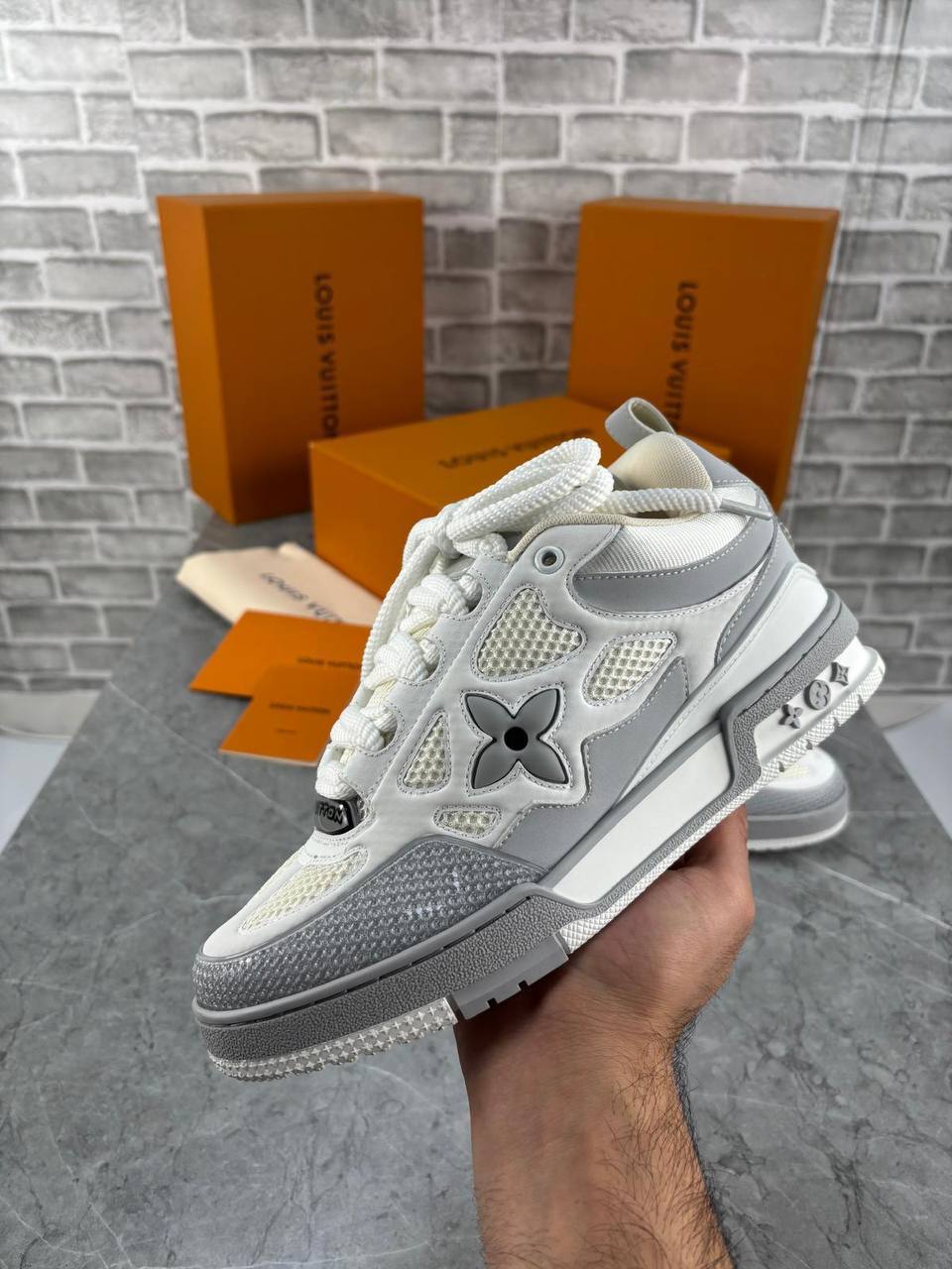 Louis Vuitton LV Skate Gris Clair Homme Shoes with Spikes Top Mens Sneakers in Grey Color UK Reps AAA Quality
