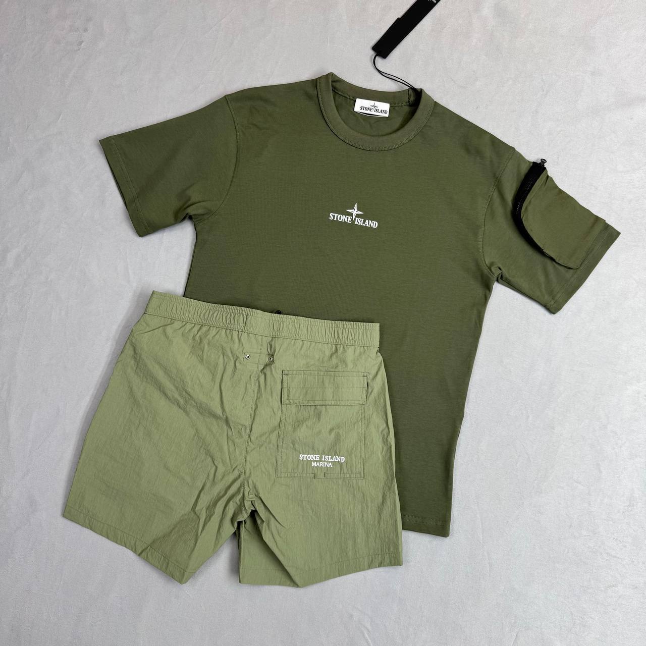 Stone Island Short Sleeve 'Camo One' Compass-print Cotton T-Shirts & Shorts Sets Men's UK Reps AAA Quality