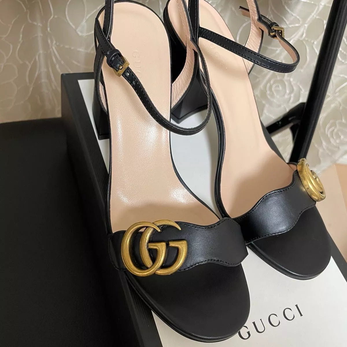Gucci Marmont GG Black Leather Mid Heels Sandals Shoes Pumps for Women's UK Sale